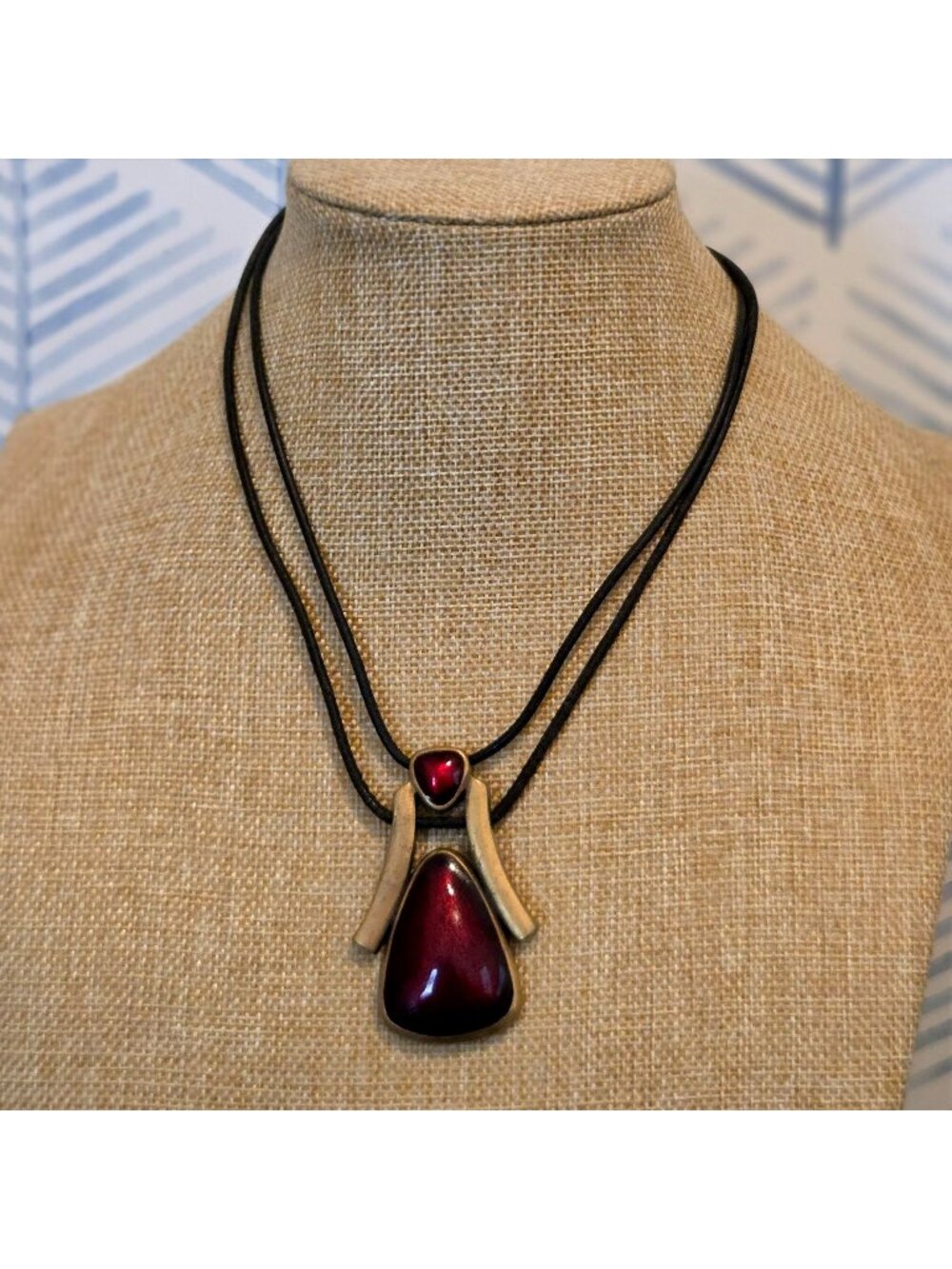 Chico's Ruby Red & Brushed Brass Tone Pendant Necklace On Black Leather Cord